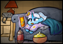 Size: 1657x1179 | Tagged: safe, artist:zutcha, gameloft, trixie, pony, unicorn, g4, my little pony: magic princess, alternate hairstyle, babysitter trixie, blanket, bottle, chips, clothes, couch, cute, diatrixes, female, food, hoodie, horn, indoors, lamp, levitation, lying down, magic, mare, neet, passepartout, phone, popcorn, potato chips, pringles, prone, remote, soda bottle, telekinesis, tongue out