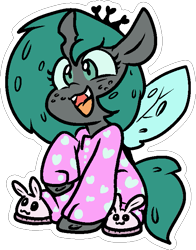 Size: 565x719 | Tagged: safe, artist:zutcha, queen chrysalis, changeling, changeling queen, g4, bunny slippers, clothes, cute, cutealis, freckles, heart print, open mouth, open smile, outline, pajamas, raised hoof, simple background, slippers, smiling, solo, transparent background, white outline