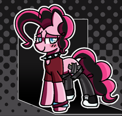 Size: 5168x4904 | Tagged: safe, artist:starbounce, pinkie pie, g4, abstract background, alternate hairstyle, blushing, bracelet, cel shading, clothes, collar, converse, covered cutie mark, cutie mark tape, duct tape, female, halftone, jewelry, latex, latex socks, looking at you, mare, outline, shading, shirt, shoes, short shirt, sneakers, socks, solo, spiked collar, tape