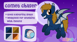 Size: 16347x9000 | Tagged: safe, artist:audreen, oc, oc only, oc:comet chaser, bat pony, cutie mark, flying, grin, looking at you, male, reference sheet, show accurate, smiling, solo, stallion