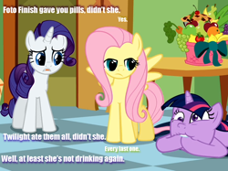 Size: 686x514 | Tagged: safe, edit, edited screencap, screencap, fluttershy, rarity, twilight sparkle, pegasus, pony, unicorn, g4, green isn't your color, my little pony: friendship is magic, apple, banana, drugs, female, food, fruit, grapes, horn, implied drug use, implied drugs, implied photo finish, implied pills, indoors, misspelling, orange, pear, pie, pills, trio, trio female, unicorn twilight, wings