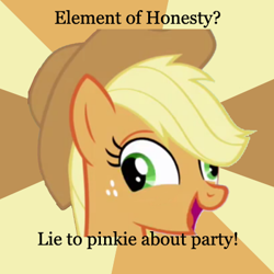 Size: 405x405 | Tagged: safe, applejack, g4, applejack's hat, appleliar, cowboy hat, cross-eyed, female, hat, meme, solo, text