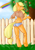 Size: 723x1023 | Tagged: safe, artist:skywriter, applejack, earth pony, anthro, unguligrade anthro, g4, 2011, apple, apple tree, applebutt, arm hooves, back, bipedal, butt, clothes, cloud, daisy dukes, female, fence, food, freckles, midriff, old art, outdoors, rainbow, shorts, signature, solo, tree, underhoof