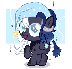 Size: 2274x2193 | Tagged: safe, artist:be_yourself, artist:cosmosloghy, oc, oc only, oc:moony nightly, pony, baby, baby pony, blind, colored eyelashes, colored wings, female, gradient mane, gradient tail, hat, horns, looking up, nightcap, open mouth, open smile, passepartout, planet ponies, ponified, simple background, smiling, solo, solo female, space ponies, stars, tail, white background, wings