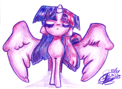 Size: 8484x6192 | Tagged: safe, artist:mannybcadavera, twilight sparkle, alicorn, pony, g4, absurd file size, absurd resolution, colored pencil drawing, eyebrows, eyebrows visible through hair, eyes closed, female, floppy ears, large wings, mare, partially open wings, simple background, solo, traditional art, twilight sparkle (alicorn), white background, wings