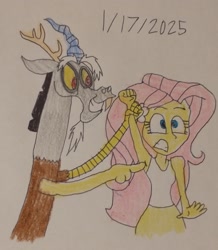 Size: 1716x1970 | Tagged: safe, artist:aa68., discord, fluttershy, draconequus, human, equestria girls, g4, 2025, armpit tickling, armpits, arms in the air, blushing, clothes, duo, duo male and female, female, human female, male, shipping fuel, shocked, shocked expression, shocked eyes, simple background, sleeveless, tank top, tickling, traditional art, white background