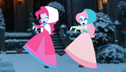 Size: 6594x3768 | Tagged: safe, artist:cartoonmasterv3, fluttershy, pinkie pie, human, undead, zombie, equestria girls, g4, clothes, dress, duo, gown, infected, long dress, long skirt, skirt, victorian, victorian dress, walking