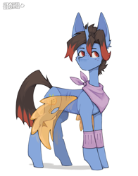 Size: 1607x2048 | Tagged: safe, artist:crashbrush, oc, oc only, changeling, pony, accessory, bandana, clothes, commission, ear fluff, freckles, horn, simple background, solo, two toned mane, white background, wings, wristband, yellow wings