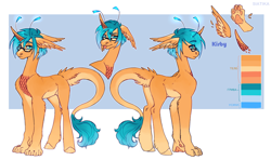 Size: 3440x2032 | Tagged: safe, artist:kirby_orange, oc, oc only, unicorn, aqua eyes, aqua hair, chest fluff, ear fluff, glasses, hooves, horn, long tail, paws, scales, scalie, tail, unicorn oc