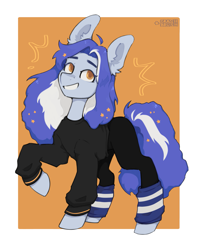 Size: 2029x2560 | Tagged: safe, artist:crashbrush, oc, oc only, earth pony, pony, clothes, commission, ear fluff, female, gaiters, high res, looking up, mare, raised hoof, simple background, smiling, solo, stars, two toned mane