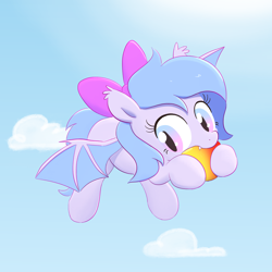 Size: 3000x3000 | Tagged: safe, artist:algoatall, oc, oc:lucky roll, bat pony, bat pony oc, bat wings, biting, bow, cloud, cute, female, filly, flying, foal, food, mango, sky, solo, wings, younger