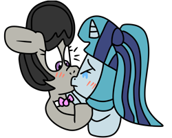 Size: 1000x800 | Tagged: safe, artist:jadeharmony, octavia melody, sonata dusk, earth pony, pony, unicorn, blushing, bowtie, crying, cute, duo, eyes closed, female, floppy ears, horn, kissing, lesbian, mare, ponified, shipping, sonatabetes, sontavia, surprise kiss, unicorn sonata dusk