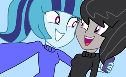 Size: 1480x904 | Tagged: safe, artist:jadeharmony, octavia melody, sonata dusk, human, equestria girls, g4, base used, clothes, cute, duo, eyeshadow, female, grin, lesbian, looking at each other, looking at someone, makeup, open mouth, open smile, ponytail, selfie, shipping, smiling, smiling at each other, sonatabetes, sontavia, sweater