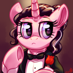 Size: 1800x1800 | Tagged: safe, artist:whitediamonds, oc, oc only, pony, unicorn, bow, bowtie, clothes, ear fluff, female, flower, horn, mare, solo, suit, underhoof