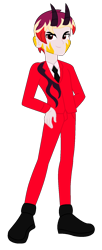 Size: 706x1730 | Tagged: safe, artist:robertsonskywa1, oc, oc only, oc:starbreaker firewalker, demon, human, equestria girls, g4, clothes, formal wear, hand on hip, hazbin hotel, horns, male, multicolored hair, photo, simple background, solo, solo male, transparent background, vitiligo