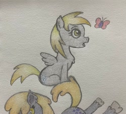 Size: 2893x2624 | Tagged: safe, artist:lewdyloops, derpy hooves, butterfly, pegasus, pony, g4, chest fluff, cute, cutie mark, ear fluff, pencil drawing, simple background, sitting, traditional art, white background, wings