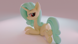 Size: 1920x1080 | Tagged: safe, artist:meng xin, oc, pony, unicorn, 3d, 3d model, butt, hooves, horn, looking at you, looking back, lying down, plot, prone, solo, underhoof