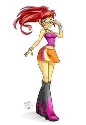 Size: 1552x2264 | Tagged: safe, artist:ponut_joe, sunset shimmer, equestria girls, g4, alternate hairstyle, belly, belly button, boots, bracelet, clothes, cute, female, glasses, jewelry, midriff, shimmerbetes, shirt, shoes, simple background, skirt, sleeveless, solo, tank top, white background