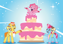 Size: 3900x2700 | Tagged: safe, artist:prixy05, carrot cake, cup cake, pinkie pie, pound cake, pumpkin cake, earth pony, pegasus, pony, unicorn, g4, g5, my little pony: tell your tale, baby, baby pony, brother and sister, cake, cake twins, female, food, g4 to g5, generation leap, horn, light blue background, male, mare, siblings, simple background, stallion, surprise!, tell your tale style, twins