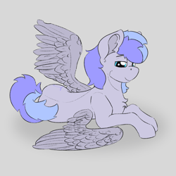 Size: 1759x1759 | Tagged: safe, artist:dsksh, oc, oc only, oc:discoordination, pegasus, pony, blue eyes, chest fluff, ear fluff, looking at you, lying down, pegasus oc, smiling, solo, spread wings, tail, two toned mane, two toned tail, wings