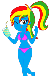 Size: 1888x2748 | Tagged: safe, artist:shieldwingarmorofgod, oc, oc only, oc:royal strength, human, equestria girls, g4, belly, belly button, bikini, blue skin, clothes, drink, female, midriff, pink bikini, pink swimsuit, ponytail, simple background, solo, swimsuit, transparent background