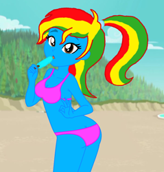 Size: 1242x1300 | Tagged: safe, artist:shieldwingarmorofgod, artist:yaya54320bases, oc, oc only, oc:royal strength, human, equestria girls, g4, ass, beach, bikini, blue skin, butt, clothes, female, ice lolly, midriff, outdoors, pink bikini, pink swimsuit, ponytail, solo, swimsuit