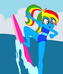 Size: 732x862 | Tagged: safe, artist:artsymlp12, artist:shieldwingarmorofgod, oc, oc only, oc:royal strength, human, blue crushed, equestria girls, g4, my little pony equestria girls: better together, barefoot, base used, belly, belly button, blue skin, clothes, feet, female, midriff, ocean, one-piece swimsuit, outdoors, ponytail, solo, surfboard, surfing, swimsuit, water, wave