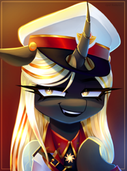 Size: 2228x3000 | Tagged: safe, artist:opal_radiance, oc, oc only, oc:queen venyx, changeling, equestria at war mod, cap, changeling oc, clothes, digital art, empire, female, folded wings, gradient background, hat, high res, horn, looking at camera, looking at you, military, military uniform, open mouth, open smile, peaked cap, pin, raised hoof, smiling, smiling at you, solar, solar empire, solo, sun, uniform, uniform hat, white changeling, wings