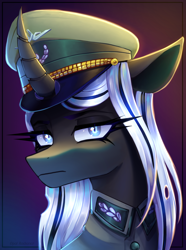 Size: 2228x3000 | Tagged: safe, artist:opal_radiance, oc, oc only, oc:queen venyx, changeling, equestria at war mod, blue eyes, bust, cap, changeling oc, clothes, digital art, female, gradient background, hat, high res, horn, looking at camera, looking at you, military, military uniform, peaked cap, serious, serious face, solo, uniform, uniform hat, white changeling