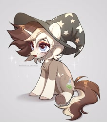 Size: 1850x2100 | Tagged: safe, artist:avroras_world, oc, oc only, pony, unicorn, chest fluff, ear cleavage, eyeliner, female, hat, horn, makeup, mare, open mouth, open smile, simple background, sitting, smiling, solo, underhoof, unicorn oc, witch hat