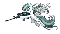 Size: 1024x585 | Tagged: safe, artist:495pygly, oc, oc only, oc:frostwing blade, pegasus, pony, action pose, aiming, airborne, assault rifle, combat, digital art, dynamic pose, flying, gun, holding gun, long mane, long tail, m416, mane flowing, medibang paint, photo, rifle, scoped weapon, simple background, solo, spread wings, tail, teal mane, weapon, white background, white fur, wings