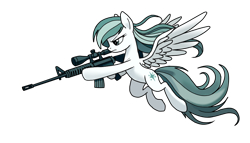 Size: 1024x585 | Tagged: safe, artist:495pygly, oc, oc only, oc:frostwing blade, pegasus, pony, action pose, aiming, airborne, assault rifle, combat, digital art, dynamic pose, flying, gun, holding gun, long mane, long tail, m416, mane flowing, medibang paint, photo, rifle, scoped weapon, simple background, solo, spread wings, tail, teal mane, transparent background, weapon, white fur, wings