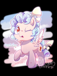 Size: 900x1200 | Tagged: safe, artist:梦幽, cozy glow, pegasus, pony, g4, black background, bow, character name, female, filly, foal, hair ribbon, one eye closed, open mouth, raised hoof, ribbon, signature, solo, spread wings, tail, tail bow, wings