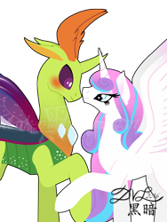 Size: 1536x2048 | Tagged: safe, artist:dark-x-light, princess flurry heart, thorax, changedling, changeling, g4, my little pony: friendship is magic, to where and back again, bedroom eyes, blushing, changeling king, crack shipping, eye contact, female, holding hooves, king thorax, looking at each other, looking at someone, male, older, raised hoof, ship:flurrax, shipping, simple background, smiling, spread wings, straight, transparent background, watermark, wings