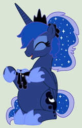 Size: 1264x1964 | Tagged: safe, artist:evilfrenzy, princess luna, g4, alternate hairstyle, belly, clothes, cute, eyes closed, female, happy, hoof hold, lunabetes, open mouth, pajamas, ponytail, pregnant, scrunchie, simple background, smiling, solo, vector