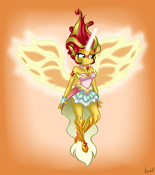 Size: 1600x1800 | Tagged: safe, artist:queentigrel, sunset shimmer, equestria girls, g4, art trade, breasts, clothes, daydream shimmer, dress, female, fiery shimmer, fiery wings, gradient background, lidded eyes, smiling, solo, spread wings, wings