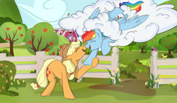 Size: 4889x2842 | Tagged: safe, artist:rutkotka, applejack, rainbow dash, earth pony, pegasus, pony, g4, apple, apple orchard, apple tree, boop, cloud, commission, female, fence, flower, food, lesbian, lying down, lying on a cloud, mare, noseboop, nuzzling, on a cloud, orchard, ship:appledash, shipping, sweet apple acres, tree