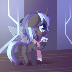 Size: 2500x2500 | Tagged: safe, artist:riouku, shining armor, oc, oc only, changeling, changepony, hybrid, g4, blue changeling, blushing, crying, cute, cuteling, featureless crotch, female, floppy ears, interspecies offspring, mare, offspring, parent:queen chrysalis, parent:shining armor, parents:shining chrysalis, photo, solo, underhoof