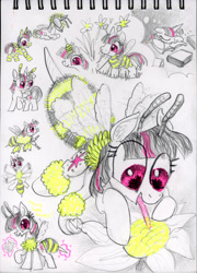 Size: 3248x4500 | Tagged: safe, artist:ja0822ck, twilight sparkle, alicorn, bee, bug pony, insect, pony, unicorn, g4, flower, food, honey, horn, traditional art