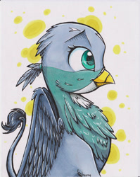 Size: 1750x2198 | Tagged: safe, artist:fancheesy, gabby, griffon, g4, abstract background, alcohol markers, bust, chest fluff, cute, female, fluffy, lying down, markers, on side, portrait, profile, smiling, solo, traditional art