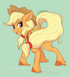 Size: 2792x3046 | Tagged: safe, artist:stepandy, applejack, earth pony, pony, g4, dock, female, looking at you, looking back, looking back at you, mare, open mouth, simple background, tail, unshorn fetlocks