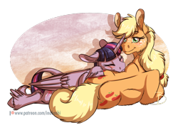 Size: 2100x1536 | Tagged: safe, artist:inuhoshi-to-darkpen, applejack, twilight sparkle, alicorn, earth pony, pony, g4, abstract background, blushing, cuddling, female, horn, lesbian, mare, pony pillow, ship:twijack, shipping, simple background, sleeping, smiling, transparent background, twilight sparkle (alicorn), unshorn fetlocks, wings