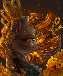 Size: 2316x2809 | Tagged: safe, artist:segraece, oc, oc only, oc:golden rain, pegasus, pony, ak-47, akm, assault rifle, beautiful, bust, clothes, detailed, feather, female, flower, flower in hair, glitter, gold, gun, jewelry, jewelry porn, looking away, mare, peacock feathers, portrait, profile, rifle, solo, weapon