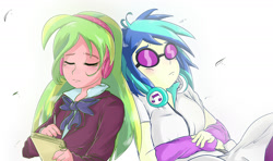 Size: 1600x950 | Tagged: safe, artist:amazingpuffhair, dj pon-3, lemon zest, vinyl scratch, equestria girls, g4, my little pony equestria girls: friendship games, duo, female, headphones, lesbian, sharing headphones, ship:lemonscratch, shipping, sunglasses