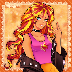 Size: 1250x1250 | Tagged: safe, artist:tiramichi-art, artist:tiramichii, kotobukiya, sunset shimmer, equestria girls, g4, abstract background, bare shoulders, choker, clothes, cute, devil horn (gesture), female, jacket, kotobukiya sunset shimmer, looking at you, off shoulder, shimmerbetes, sleeveless, smiling, solo, sparkles, spiked choker