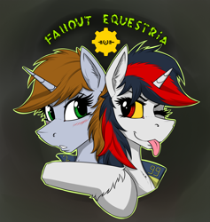 Size: 1800x1900 | Tagged: safe, artist:twotail813, oc, oc only, oc:blackjack, oc:littlepip, pony, unicorn, fallout equestria, fallout equestria: project horizons, rcf community, blushing, bust, clothes, colored sclera, cute, fanfic, fanfic art, female, horn, jaundice, jumpsuit, mare, portrait, simple background, tongue out, vault suit, yellow sclera