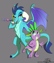 Size: 1858x2160 | Tagged: safe, artist:archaspect, artist:elicitie, princess ember, spike, dragon, g4, bloodstone scepter, dragon lord ember, duo, gray background, looking at each other, looking at someone, simple background, smiling, spread wings, wings