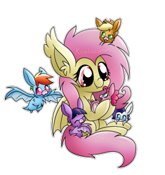 Size: 2950x3135 | Tagged: safe, artist:amberlea-draws, applejack, fluttershy, pinkie pie, rainbow dash, rarity, twilight sparkle, bat pony, pony, g4, bat ponified, cute, dashabetes, diapinkes, female, flutterbat, fluttermom, jackabetes, mare, micro, race swap, raribetes, shyabates, shyabetes, simple background, tiny, tiny ponies, transparent background, twiabetes, watermark, weapons-grade cute