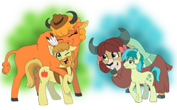 Size: 15000x9275 | Tagged: safe, artist:liv-and-b-merry, braeburn, little strongheart, sandbar, yona, bison, buffalo, earth pony, pony, yak, g4, my little pony: friendship is magic, the last problem, beard, bovine, bow, cloven hooves, counterparts, cowboy hat, equine, eyes closed, facial hair, feather, female, hair bow, hat, headdress, interspecies, larger female, male, monkey swings, older, older braeburn, older little strongheart, one eye closed, ship:braeheart, ship:yonabar, shipping, simple background, size difference, smiling, stallion, straight, transparent background, vector