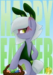 Size: 2480x3508 | Tagged: safe, artist:mimicproductions, limestone pie, earth pony, pony, g4, angry, backless, basket, bipedal, blushing, bunny ears, bunny suit, butt, clothes, cross-popping veins, cute, ear blush, easter, easter basket, easter bunny, easter egg, emanata, female, holiday, hoof hold, hoof on hip, limabetes, limestonebutt, limetsun pie, mare, profile, solo, tail, tail bun, tsundere